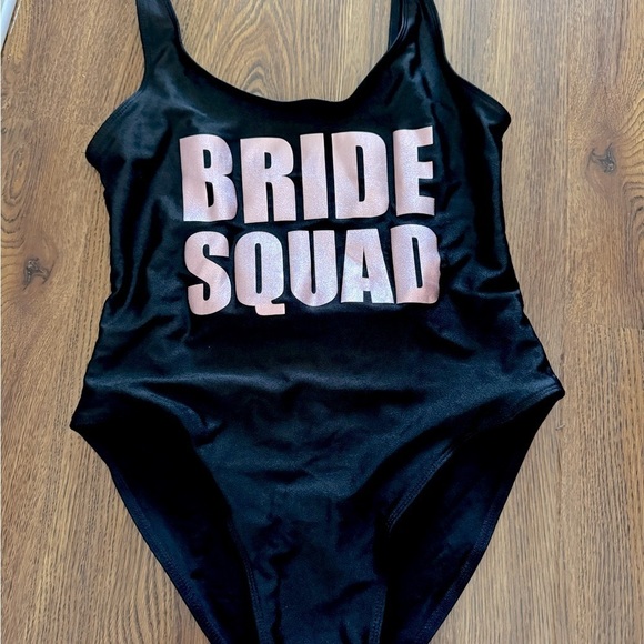 NWOT BRIDE SQUAD one piece bathing suit, black with pink metallic writing (M) - Picture 3 of 6